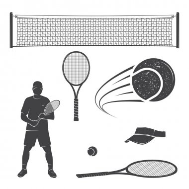 Tenis Ekipmanları siluetleri kümesi.