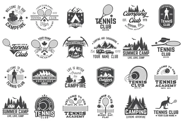 Satz Tennis- und Campingabzeichen. Vektorillustration. — Stockvektor