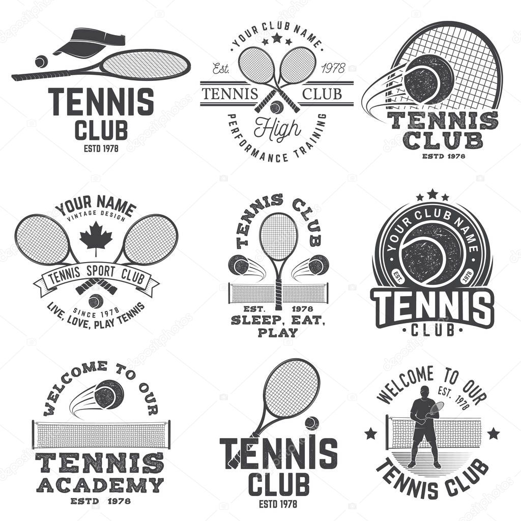 Set of Tennis club badges. Vector illustration. Concept for shirt, print, stamp or tee. Vintage typography design with tennis player, racket and ball silhouette.