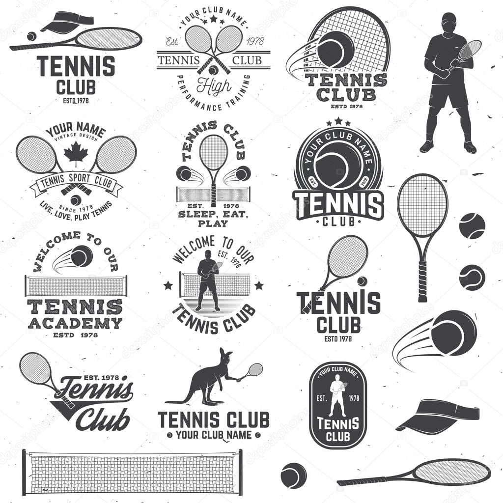 Set of Tennis club badges with design element. Vector illustration. Concept for shirt, print, stamp or tee. Vintage typography design with tennis player, racket, tennis visor and ball silhouette.