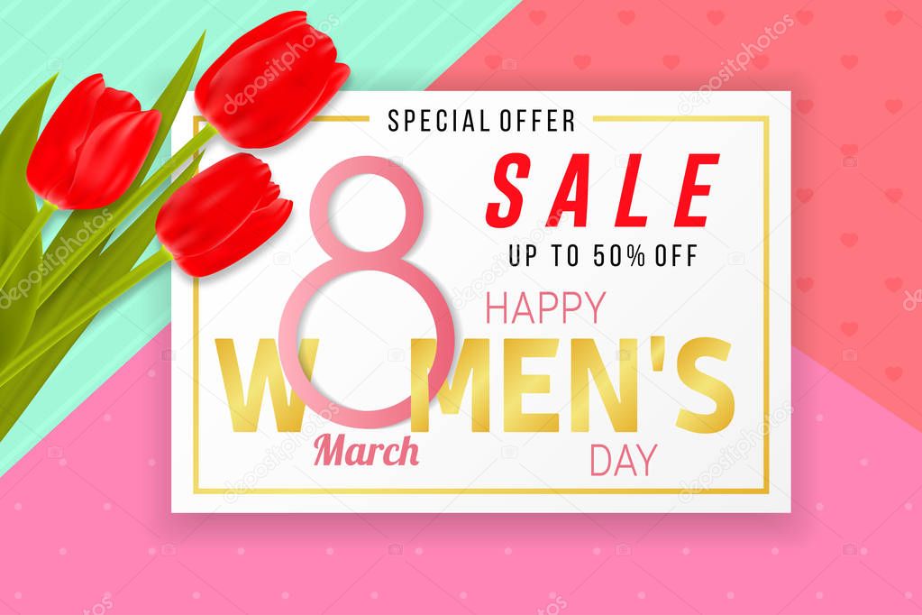 Happy Womens Day sale background with tulips.