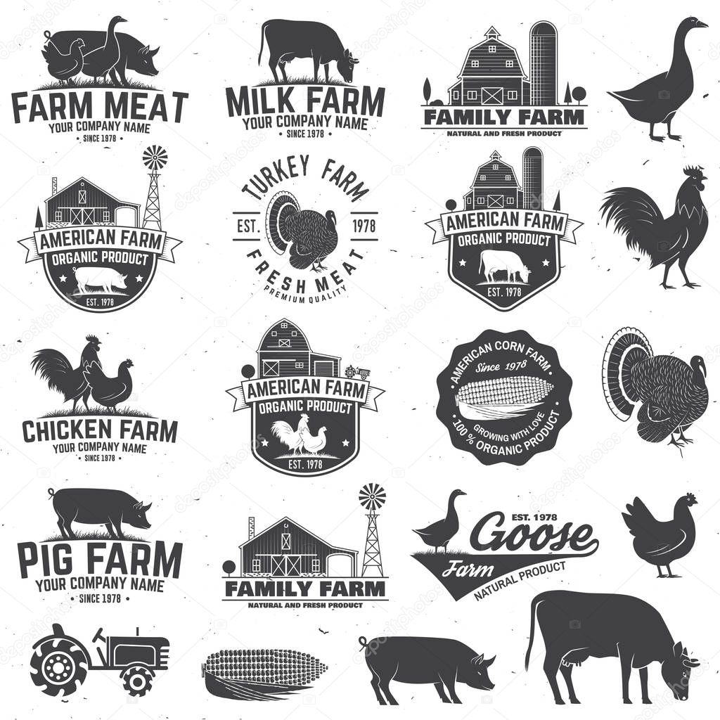 American Farm Badge or Label. Vector illustration. Vintage typography design with chicken, pig, turkey, cow and farm house silhouette. Elements on the theme of the milk, pork and chicken farm business