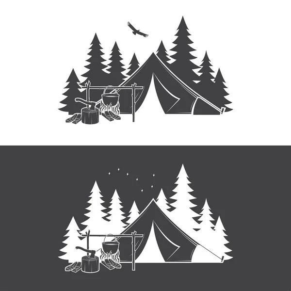 Acampamento de verão dia e noite. Ilustração vetorial. Conceito para camisa ou logotipo, impressão, carimbo ou tee . —  Vetores de Stock