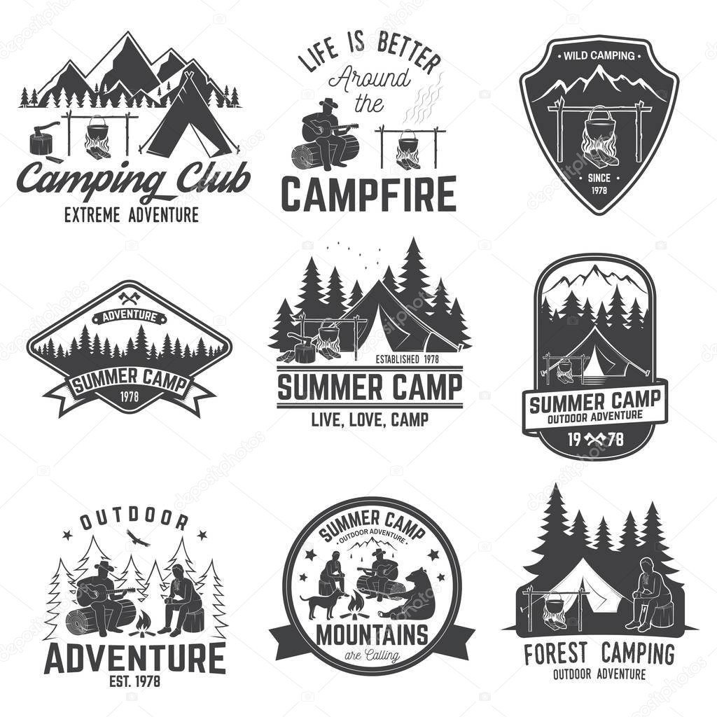 Set of Summer camp badges. Vector. Concept for shirt or logo, print, stamp or tee. Vintage typography design with camper tent, pot on the fire, axe and mountain silhouette. Outdoor adventure.