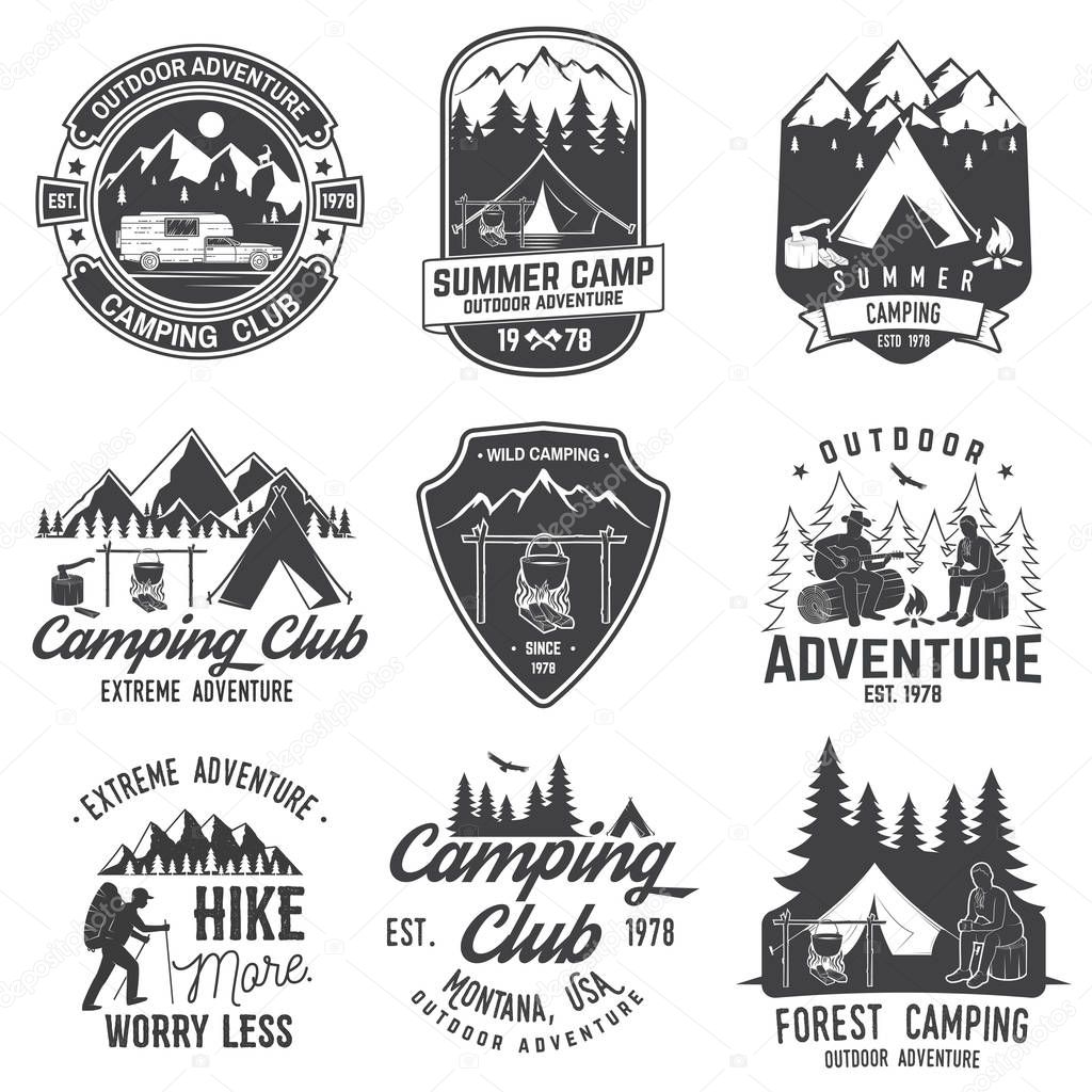 Set of Summer camp badges. Vector. Concept for shirt or logo, print, stamp or tee. Vintage typography design with rv trailer, camping tent, campfire, bear, man with guitar and forest silhouette.