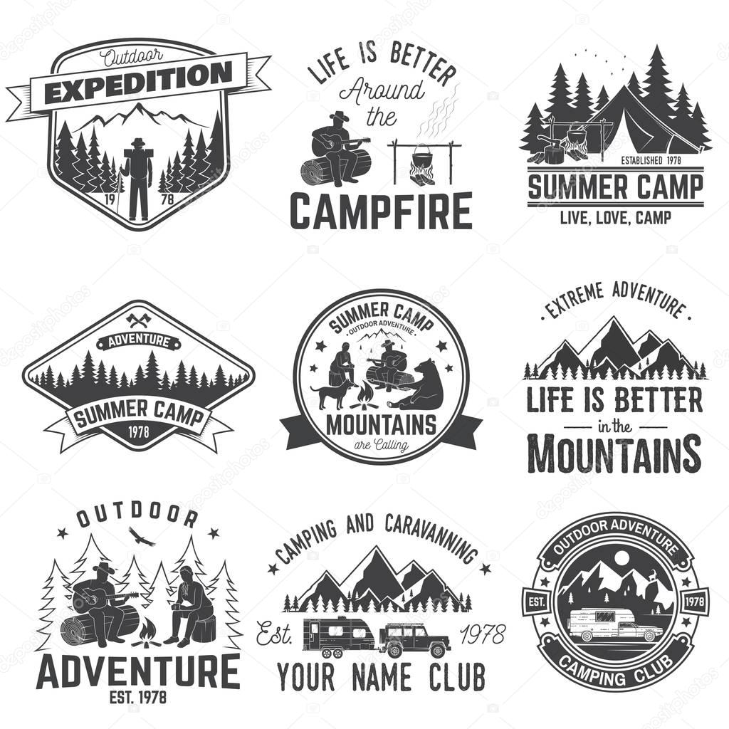 Summer camp. Vector illustration. Concept for shirt or logo, print, stamp or tee. Vintage typography design with rv trailer, camping tent, campfire, bear, man with guitar and forest silhouette.