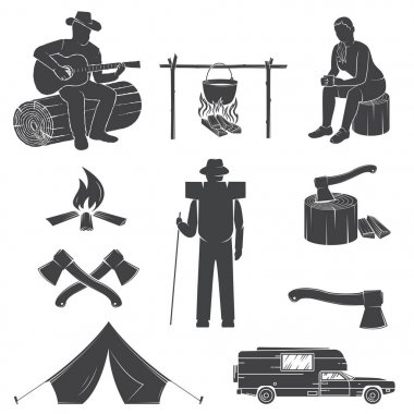 Beyaz arka plan üzerinde izole kamp simgeler kümesi.