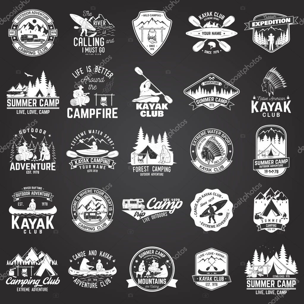 Set of canoe, kayak and camping club badge on the chalkboard. Vector illustration. Concept for shirt, print, stamp or tee. Vintage typography design with mountain camp and kayaker silhouette.