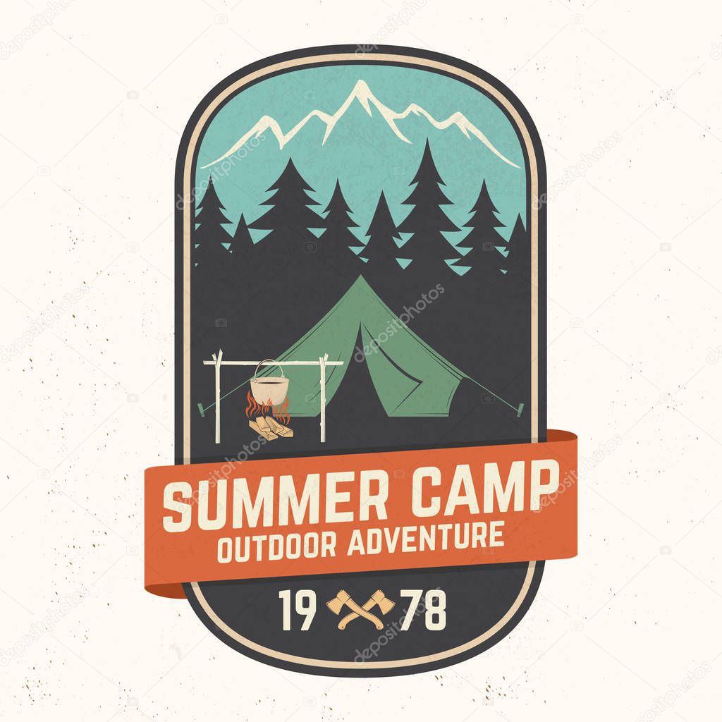 Summer camp patch. Vector illustration. Concept for shirt or print, stamp or tee. Vintage typography design with camper tent, pot on the fire, axe and mountain silhouette.