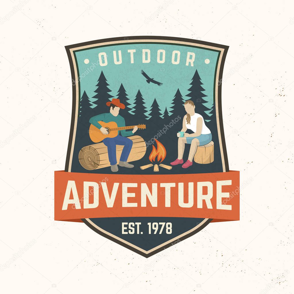 Outdoor adventure badge. Vector illustration. Concept for shirt or print, stamp, travel badge or tee. Vintage typography design with camper tent, pot on the fire, axe and mountain silhouette.