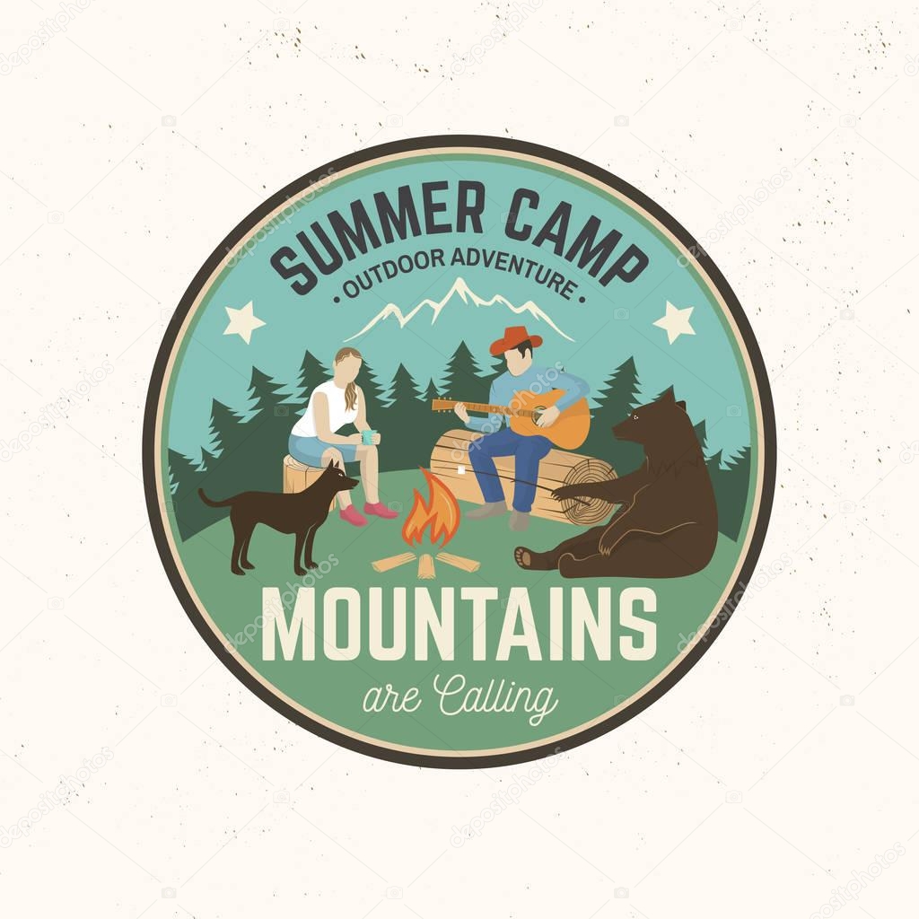 Summer camp badges. Vector.Concept for shirt , print, stamp, travel badge or tee. Vintage typography design with campfire, bear, man with guitar, girl, dog and forest silhouette. Mountains are calling