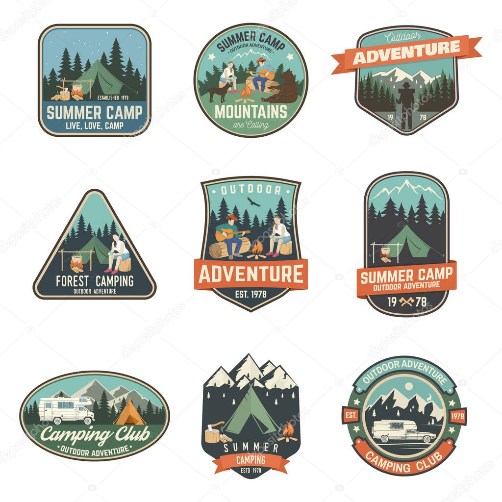 Set of Summer camp badges. Vector. Concept for shirt , print, stamp, travel badges or tee. Vintage typography design with rv trailer, camping tent, campfire, pot on the fire, axe and forest silhouette