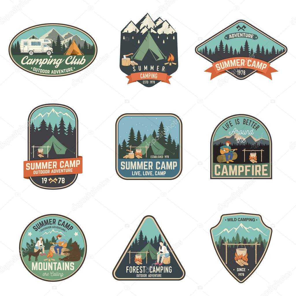 Set of Summer camp badges. Vector. Concept for shirt , print, stamp, travel badges or tee. Vintage typography design with rv trailer, camping tent, campfire, pot on the fire, axe and forest silhouette