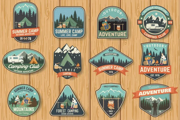 Conjunto de insignias de campamento de verano en el tablero de madera. Vector . — Vector de stock