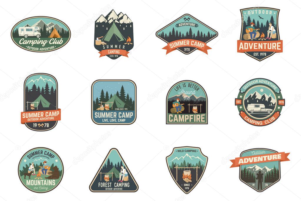 Set of Summer camp badges. Vector. Concept for shirt , print, stamp, travel badges or tee. Vintage typography design with rv trailer, camping tent, campfire, pot on the fire, axe and forest silhouette