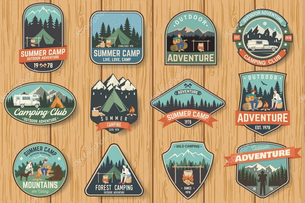 Set of Summer camp badges on the wood board. Vector. Concept for shirt , print, stamp, travel badges or tee. Design with rv trailer, camping tent, campfire, pot on the fire, axe and forest silhouette