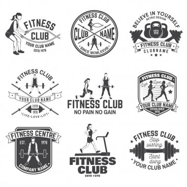 Fitness kulübü rozetleri. Vektör. Amblemler, spor salonu işaretler ve diğerleri için fitness merkezleri.