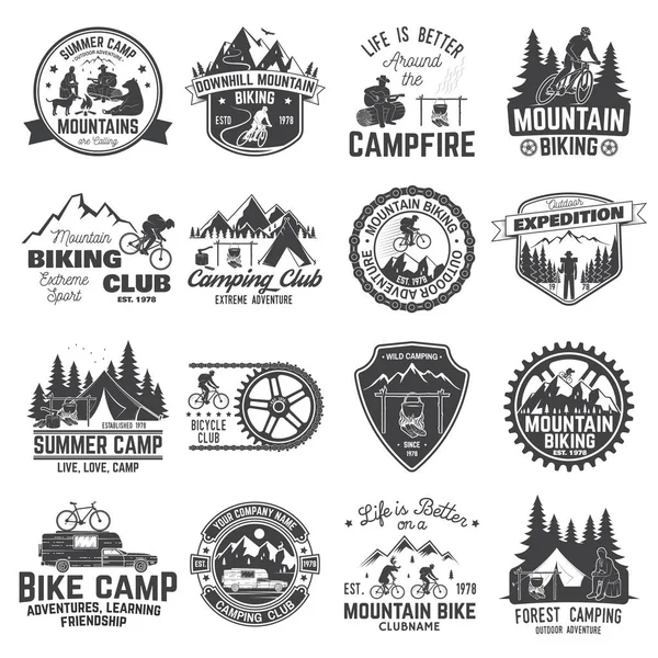산악 자전거와 캠핑 클럽 배지의 집합입니다. 벡터 — 스톡 벡터