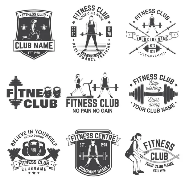 Fitness kulübü rozetleri. Vektör. Amblemler, spor salonu işaretler ve diğerleri için fitness merkezleri. — Stok Vektör