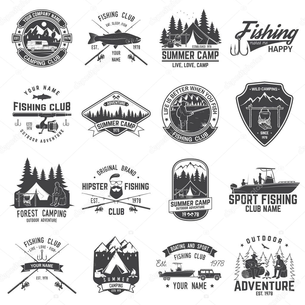 Set of fishing and camping club badge. Vector illustration. Concept for shirt, print, stamp or tee. Vintage typography design with mountain camp and fisher silhouette. Extreme adventure. Summer camp.