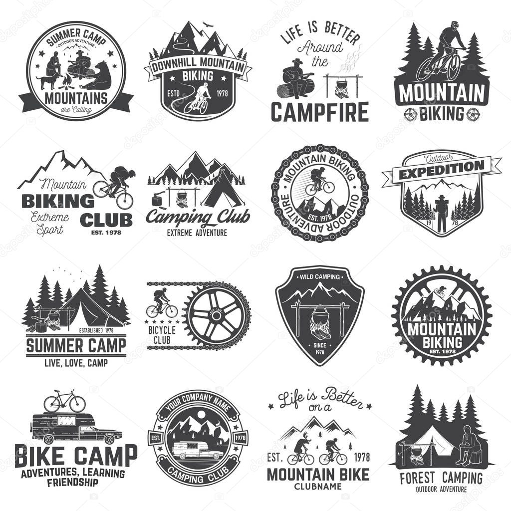 Set of Mountain biking and camping club badge. Vector. Concept for shirt, print, stamp or tee. Vintage typography design with mountain camp and mountain biker club silhouette. Extreme adventure.