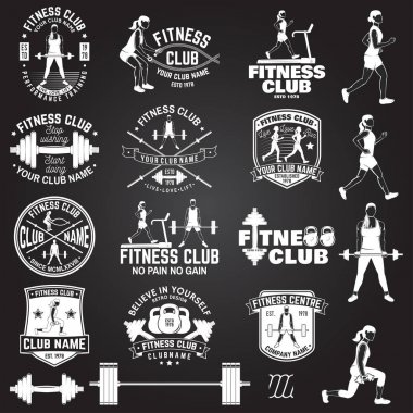 Fitness kulübü rozetleri. Vektör. Amblemler, spor salonu işaretler ve diğerleri için fitness merkezleri.