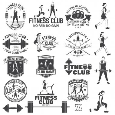 Fitness kulübü rozetleri. Vektör. Amblemler, spor salonu işaretler ve diğerleri için fitness merkezleri.