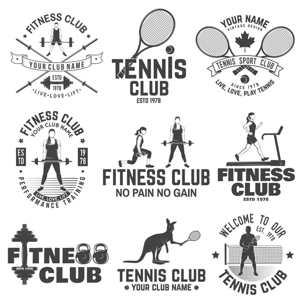 Conjunto de concepto de gimnasio y club de tenis con chicas haciendo ejercicio y silueta de jugador de tenis . — Vector de stock
