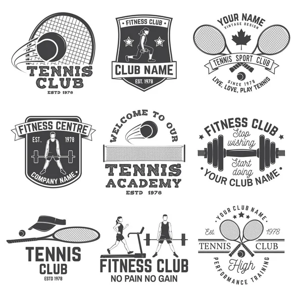Conjunto de concepto de gimnasio y club de tenis con chicas haciendo ejercicio y silueta de jugador de tenis . — Vector de stock