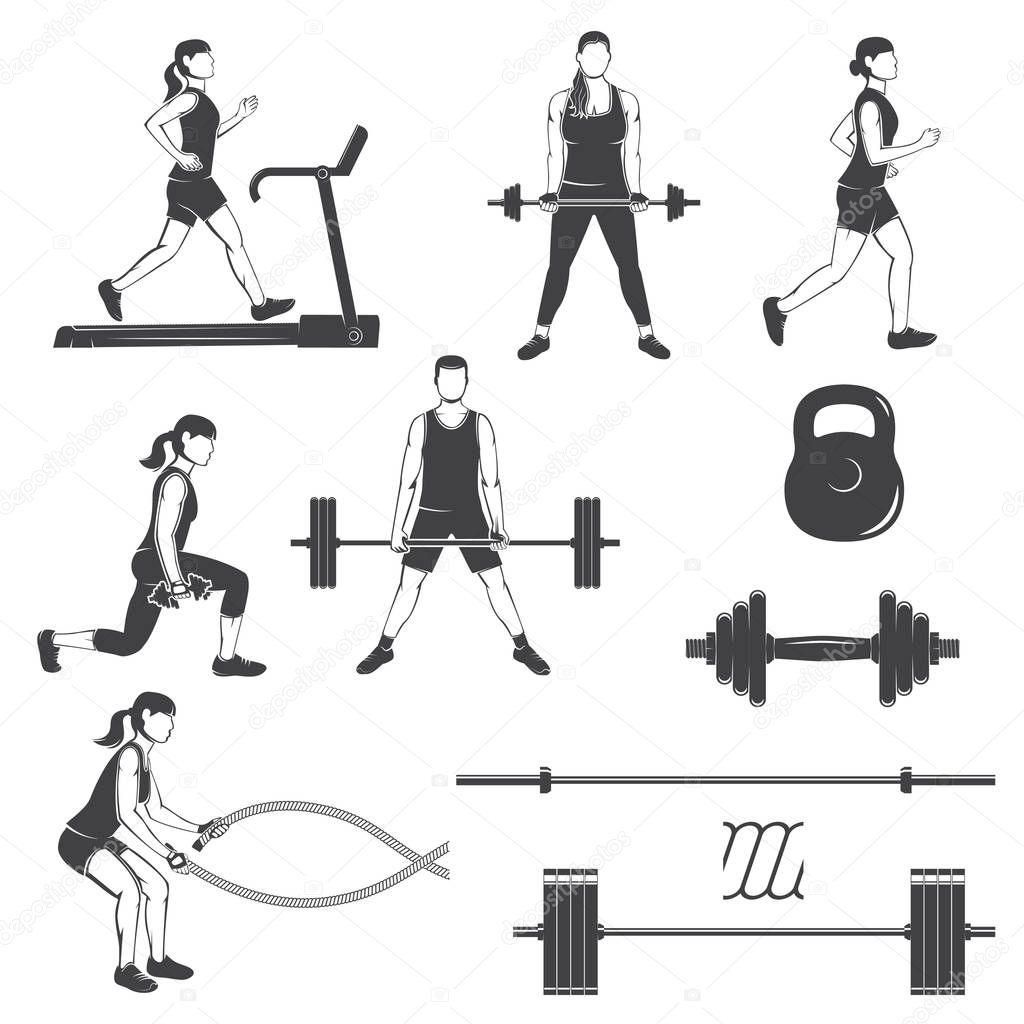 Set of fitness girls with fitness equipments silhouette