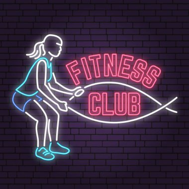Neon fitness club işareti tuğla duvar arka plan üzerinde. Vektör çizim.