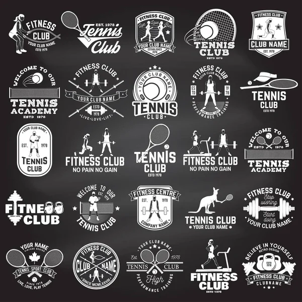 Fitness és tenisz klub koncepció a lányok csinálás a testmozgás és a tenisz játékos sziluettjét készlet. — Stock Vector