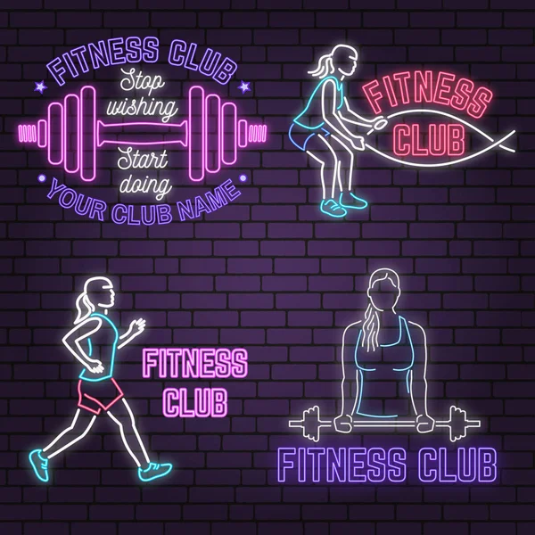 Set of neon fitness club sign on brick wall background. Vector illustration. — Stock Vector