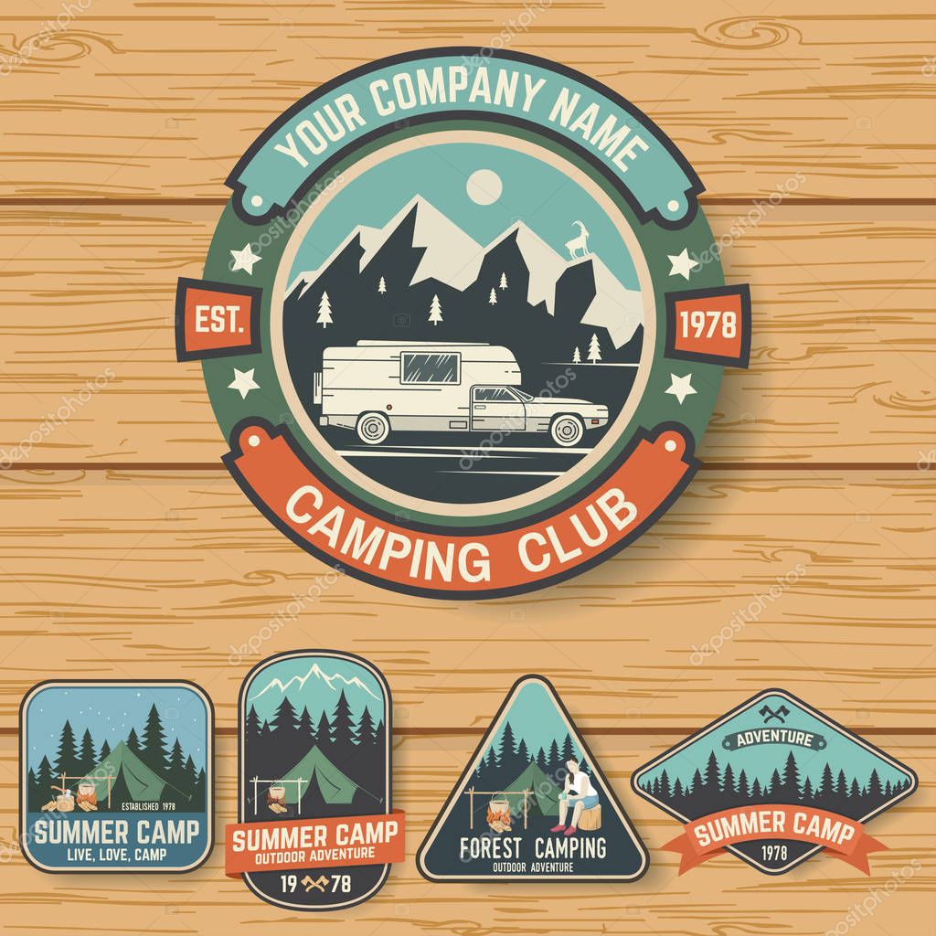 Set of Summer camp badges on the wood board. Vector. Concept for shirt , print, stamp, travel badges or tee. Design with rv trailer, camping tent, campfire, pot on the fire, axe and forest silhouette