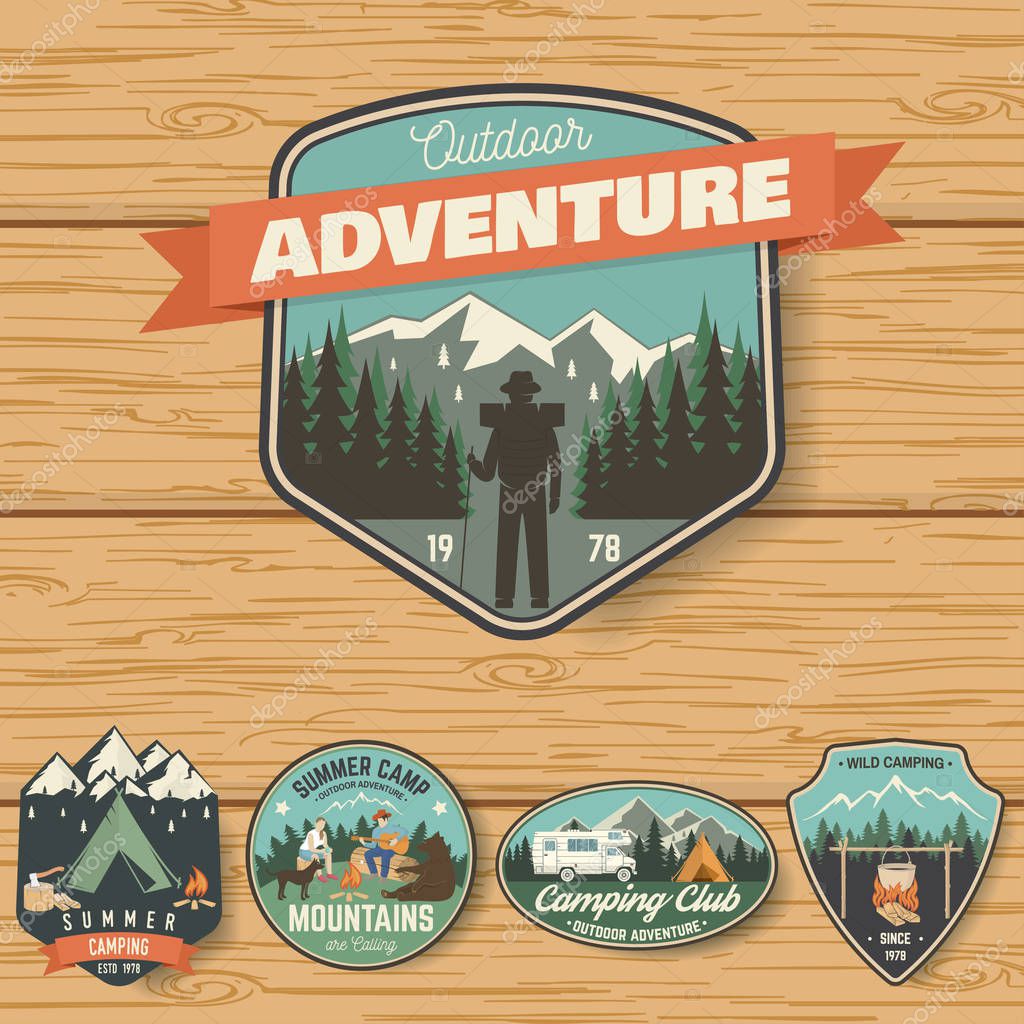 Set of Summer camp badges on the wood board. Vector. Concept for shirt , print, stamp, travel badges or tee. Design with rv trailer, camping tent, campfire, pot on the fire, axe and forest silhouette