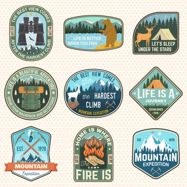 Mountain expedition and outdoor adventure badges. Vector. Concept for badge, patch, shirt, print, stamp or tee. Design for hiking emblems, mountains emblem badges, outdoors hill travel — Stock Vector