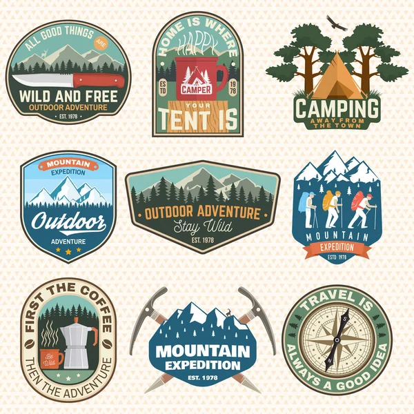 Mountain expedition and outdoor adventure badges. Vector. Concept for badge, patch, shirt, print, stamp or tee. Design for hiking emblems, mountains emblem badges, outdoors hill travel — Stock Vector