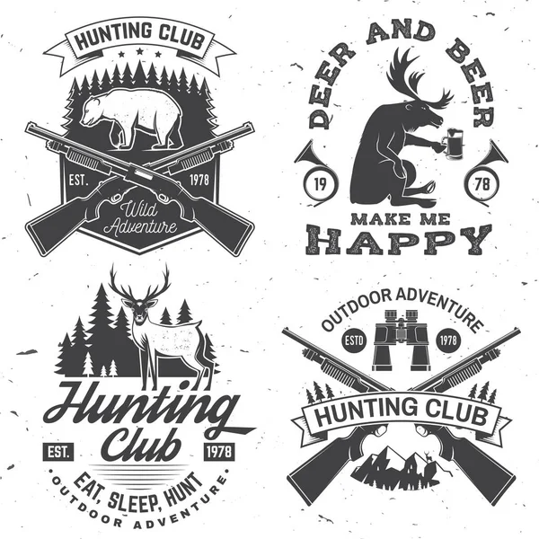 Set of hunting and fishing club patches. Vector illustration. Concept for  shirt, logo, stamp, patch. Vintage design with fisherman, fish rod, rainbow  trout, hook, deer, bear and forest silhouette Stock Vector Image