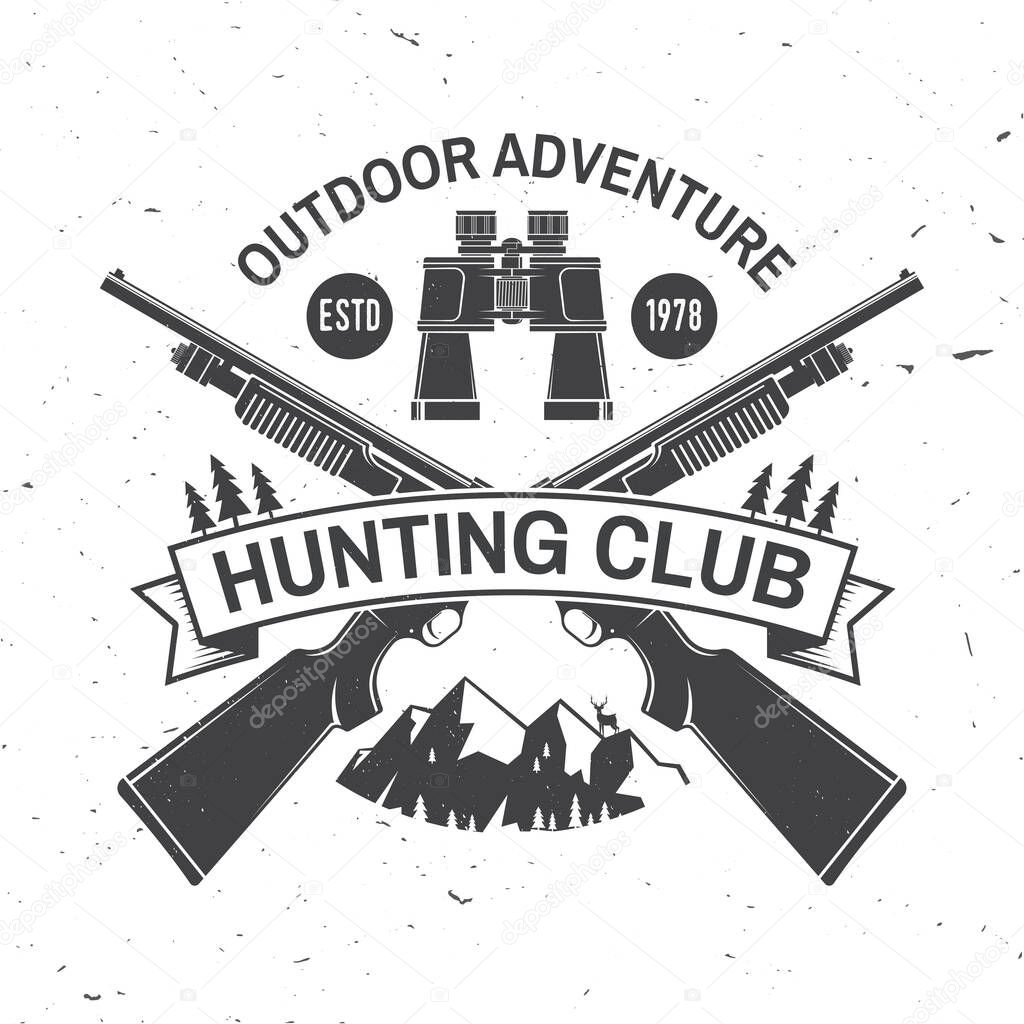 Hunting club. Vector. Concept for shirt or label, print or tee. Vintage typography design with hunting gun, binoculars, mountains and forest silhouette. Outdoor adventure hunt club emblem