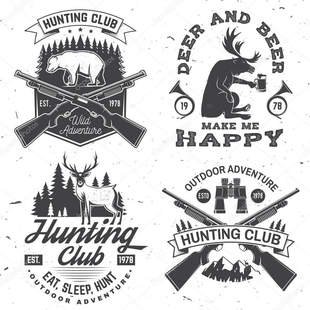 Set of Hunting club badge. Vector Concept for shirt or label, print, stamp. Vintage typography design with hunting gun, binoculars, bear, deer, mountains and forest. Outdoor adventure hunt club emblem