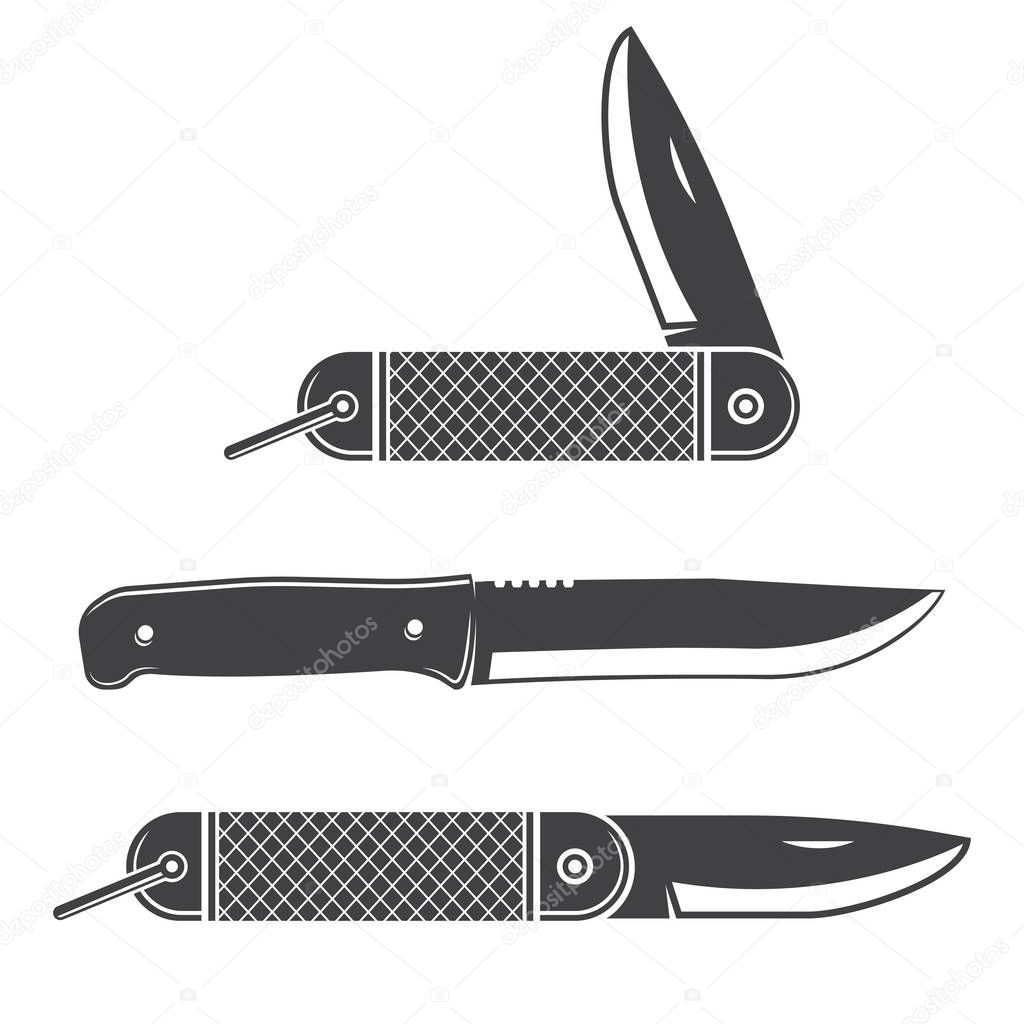 Set of knifes silhouette isolated on white background. Vector illustration. Hunting knife icon.