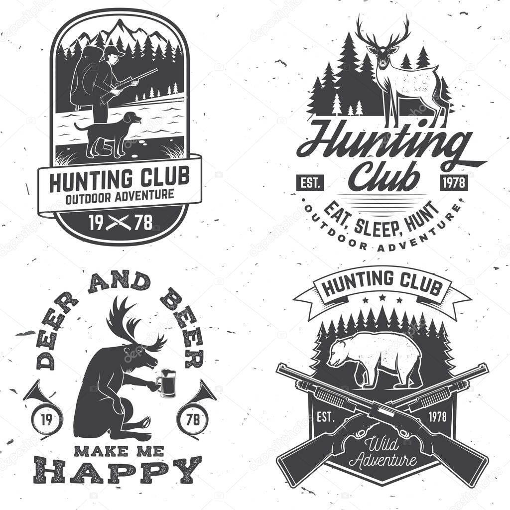 Set of Hunting club badge. Vector Concept for shirt or label, print, stamp. Vintage typography design with hunting gun, hunter, bear, deer, mountains and forest. Outdoor adventure hunt club emblem