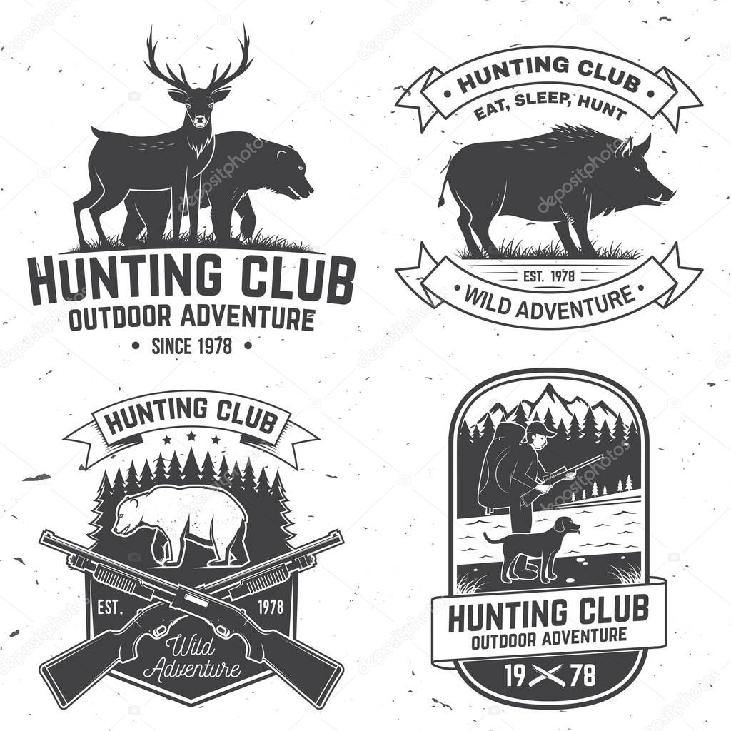 Set of Hunting club badge. Vector Concept for shirt, label, print, stamp. Vintage typography design with hunting gun, boar, hunter, bear, deer, mountains and forest. Outdoor adventure hunt club emblem