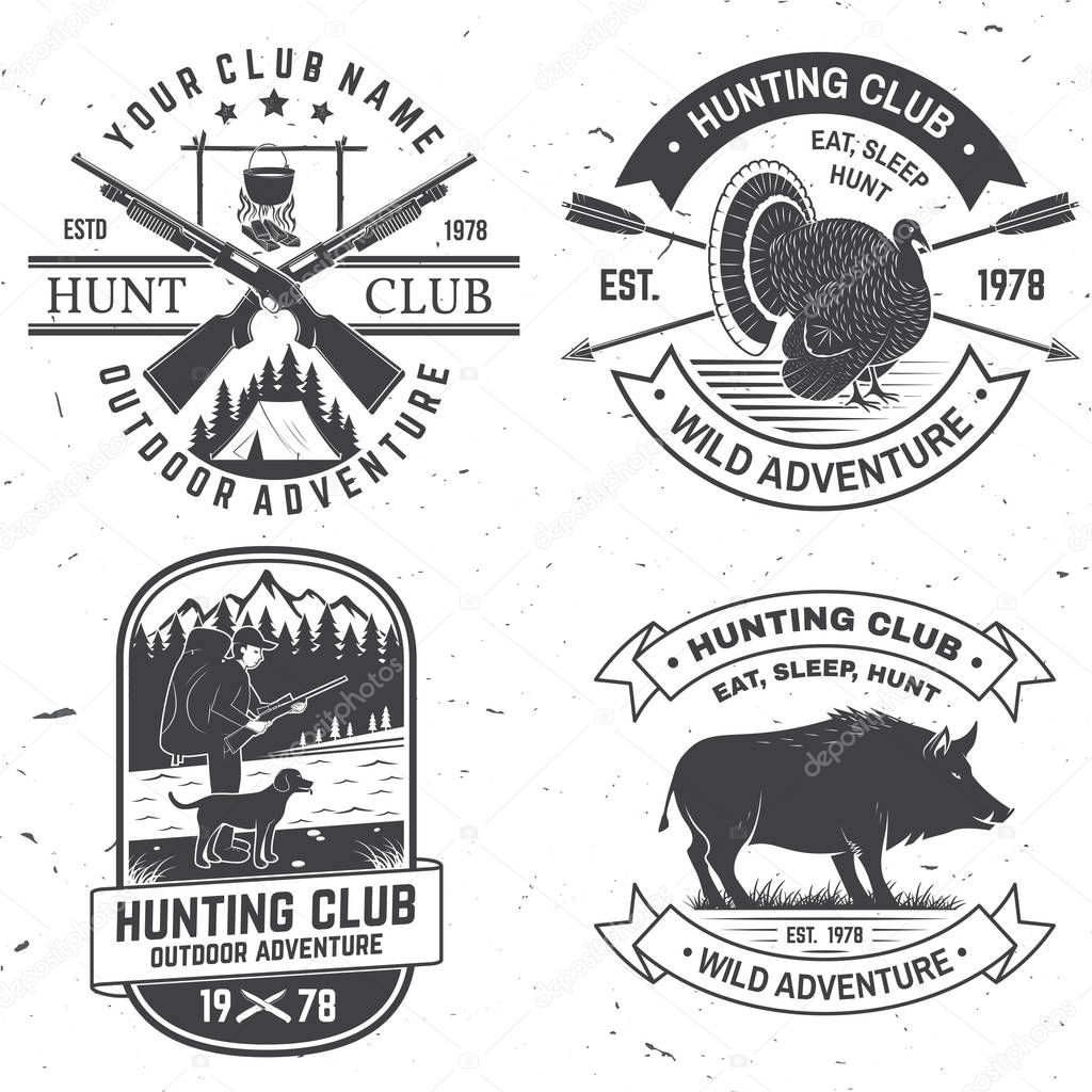Set of Hunting club badge. Vector Concept for shirt, print, stamp. Vintage typography design with hunting gun, boar, hunter, turkey , deer, mountains and forest. Outdoor adventure hunt club emblem