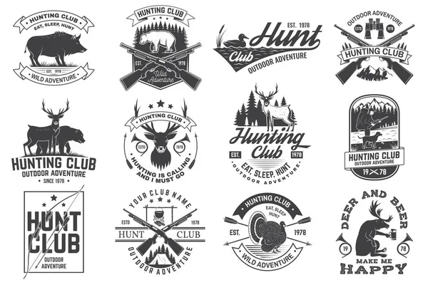 Set of Hunting club badge. Vector Concept for shirt, print, stamp. Vintage typography design with hunting gun, boar, hunter, bear, deer, mountains and forest. Outdoor adventure hunt club emblem — Stock Vector