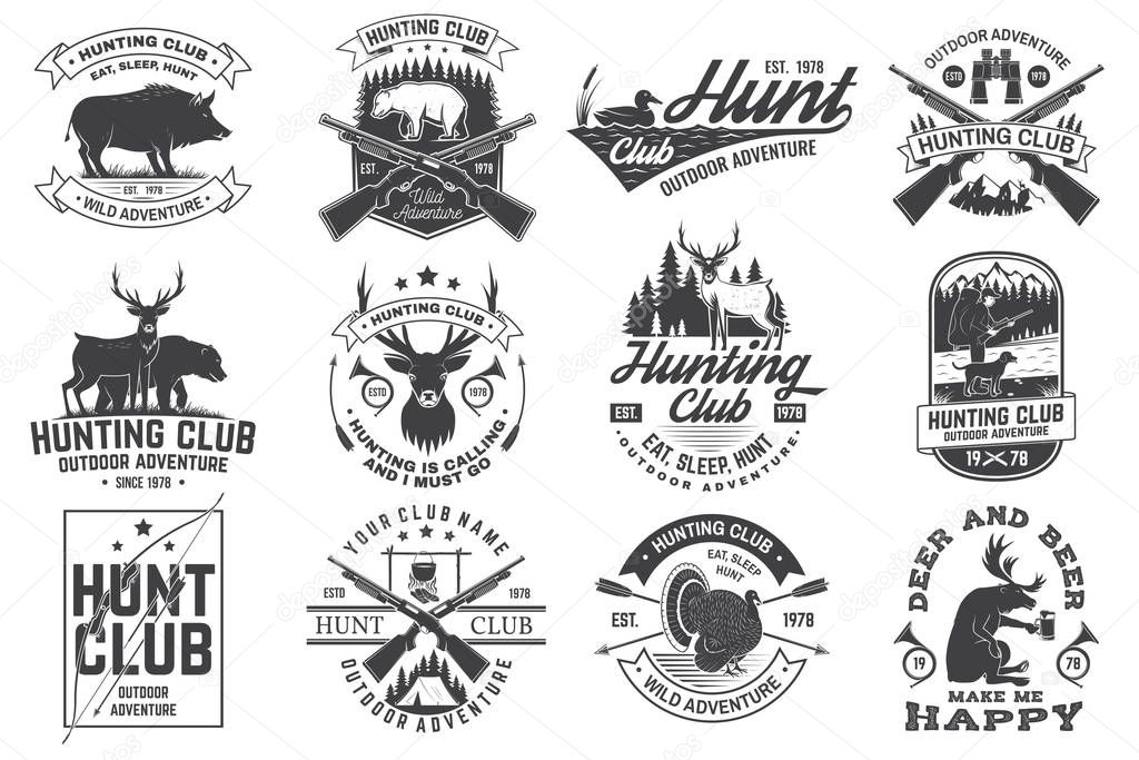 Set of Hunting club badge. Vector Concept for shirt, label, print, stamp. Vintage typography design with hunting gun, boar, hunter, bear, deer, mountains and forest. Outdoor adventure hunt club emblem