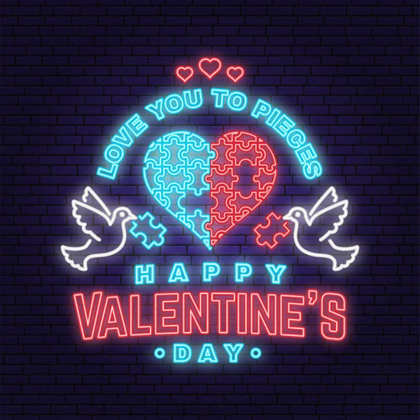 Glückliche Valentinstag Neon Grußkarte, Plakat. Stempel, Overlay, Abzeichen, Aufkleber, Karte mit Vögeln, Puzzle und Herz. Vektor. Vektor Valentinstag Leuchtreklame, Lichtbanner — Stockvektor