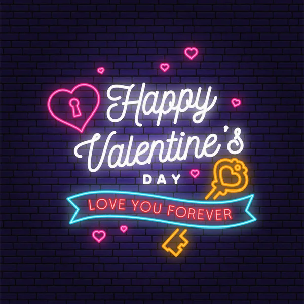 Gelukkige Valentijnsdag neon wenskaart, flyers, poster. Stempel, badge, sticker, kaart met sleutel en hart met sleutelgat. Vector. Valentijnsdag neon helder bord, lichtbanner — Stockvector