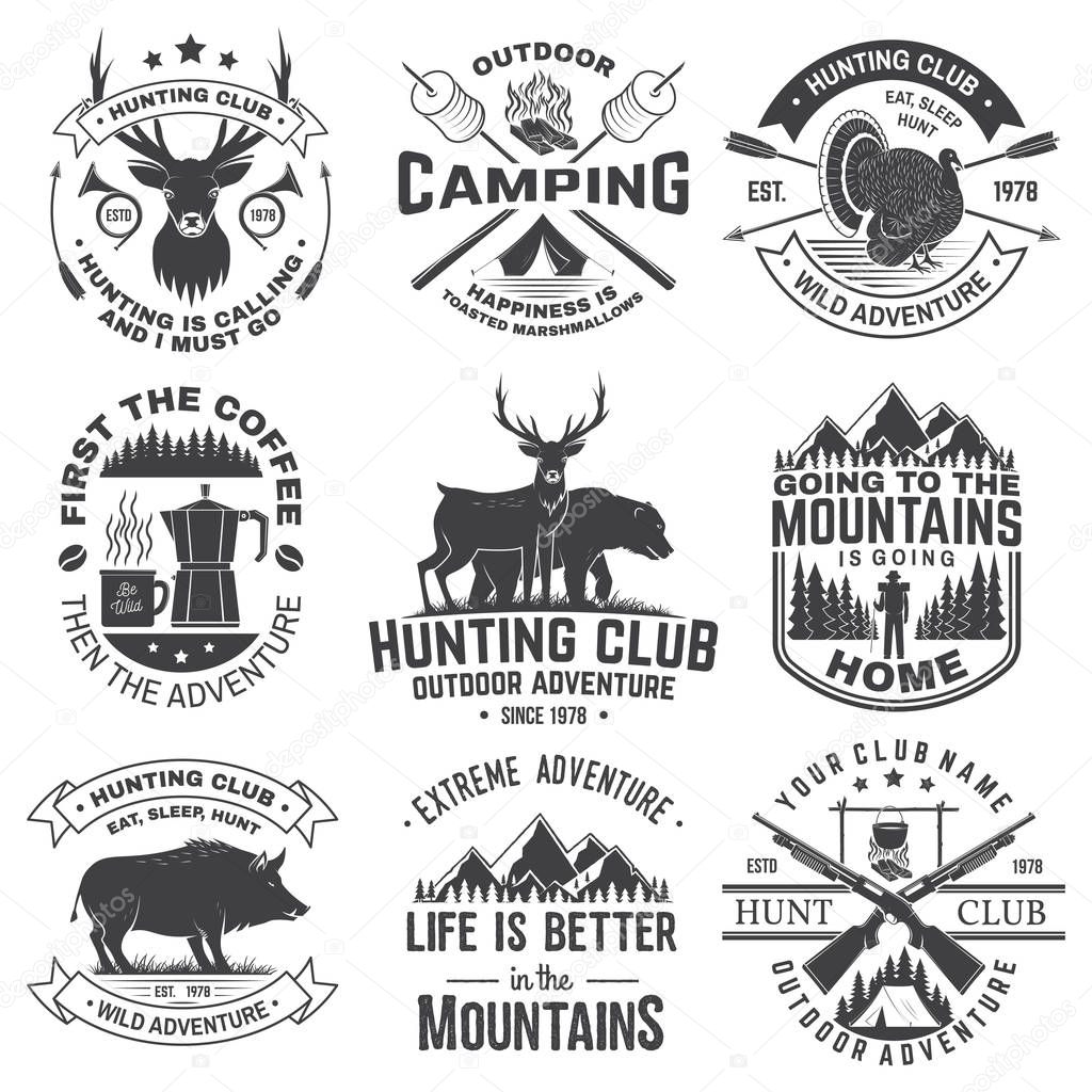 Set of hunting club and outdoor adventure quotes. Vector. Concept for shirt or logo, print, stamp. Vintage design with marshmallow, turkey, bear, deer, tent and forest silhouette
