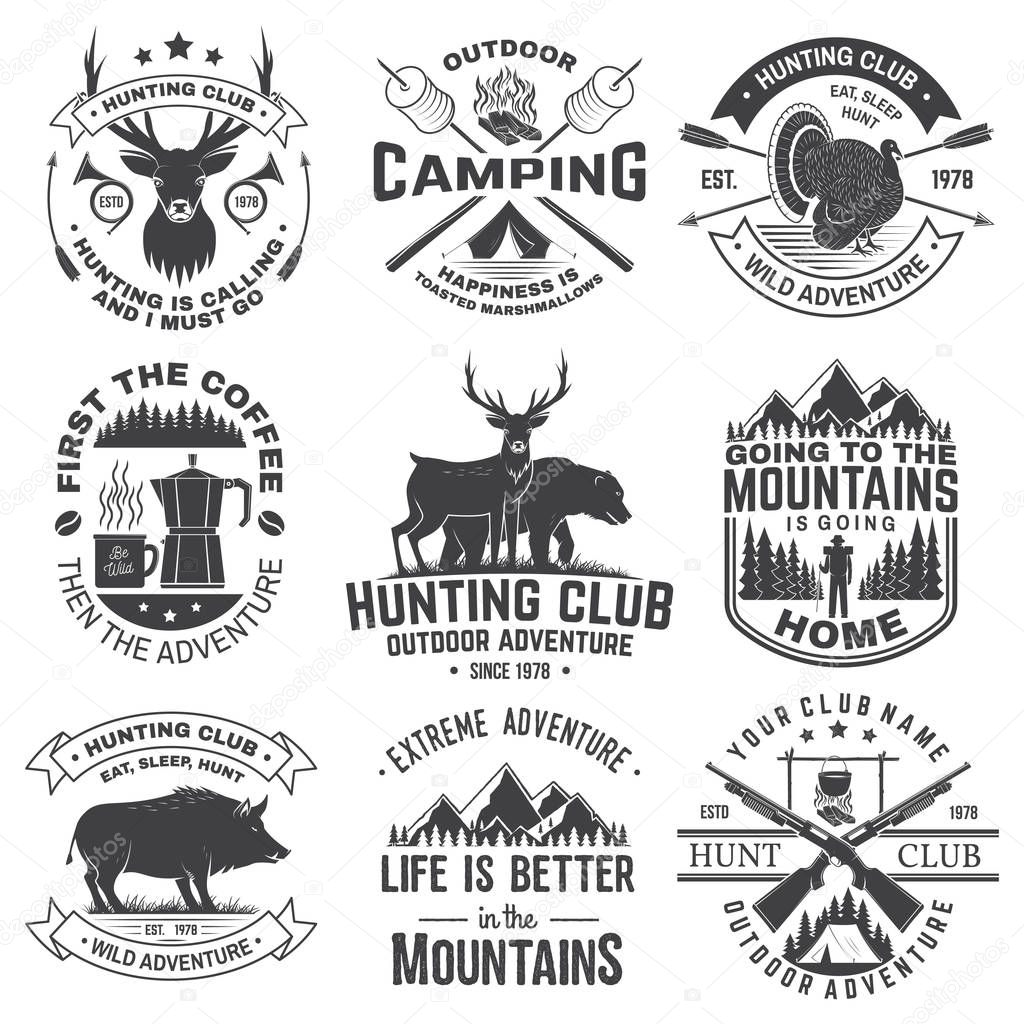 Set of hunting club and outdoor adventure quotes. Vector. Concept for shirt, logo, print, stamp. Vintage design with marshmallow, turkey, bear, deer, tent and forest silhouette